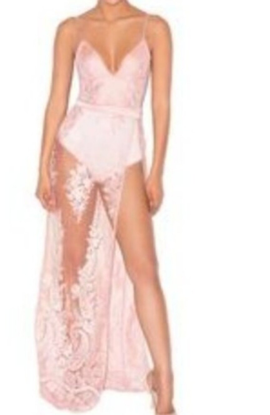 NWOT House Of CB Feminine Sheer Floral Lace Sleeveless Dress W/ Thigh High Slit